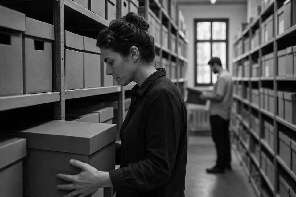 Rows of archive boxes on metal shelves
