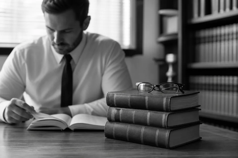 Stack of thick law books on a desk