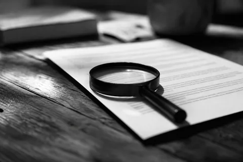 Magnifying glass lying on a printed page on a wooden desk