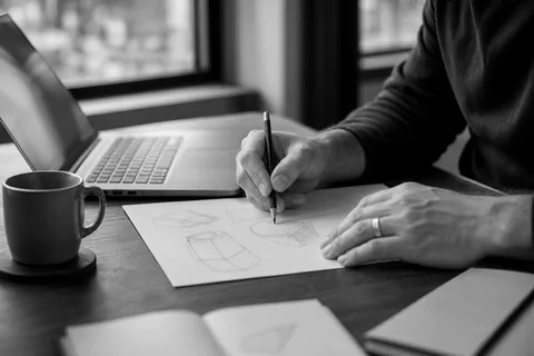 Hands sketching a brand name idea on paper with a laptop nearby