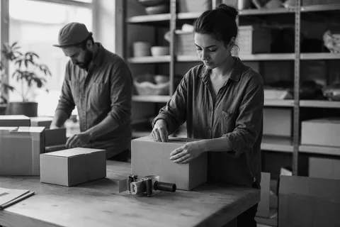 Packed shipping boxes on a table in a small online store
