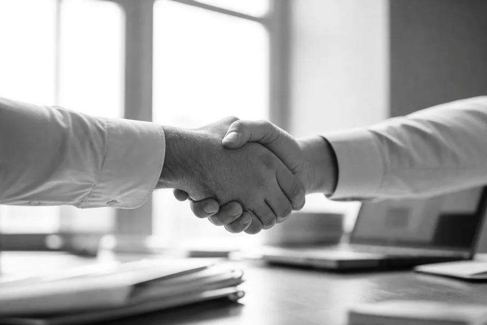 Two people shaking hands across a meeting table