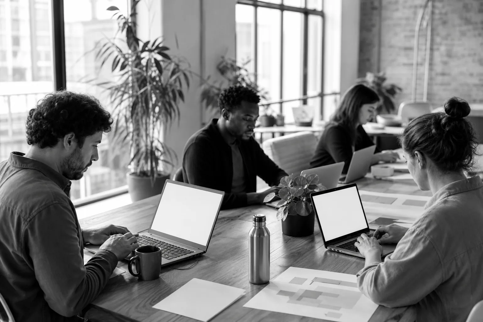 Small agency team working on laptops at one long table
