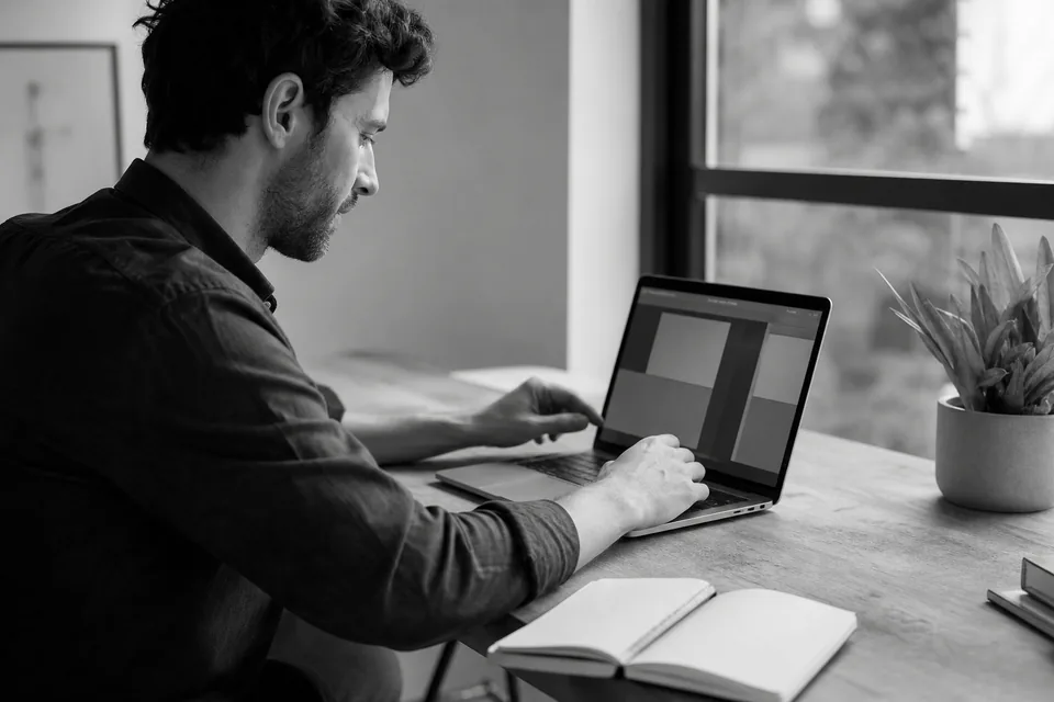 Person adjusting settings on a laptop at a tidy desk