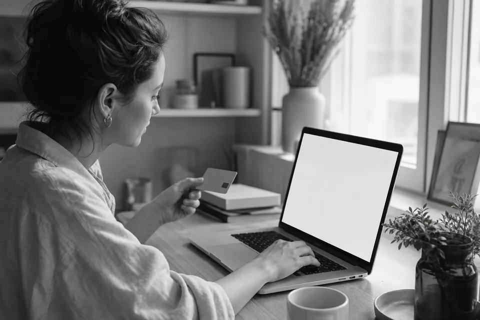Person at a home desk holding a payment card next to a laptop