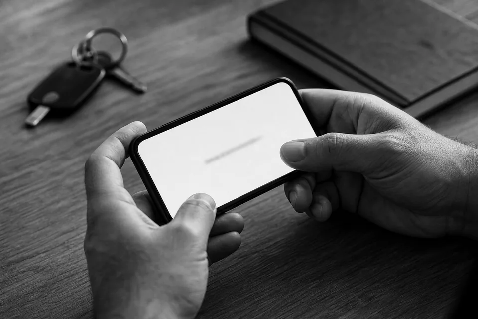 Close up of hands holding a smartphone over a desk