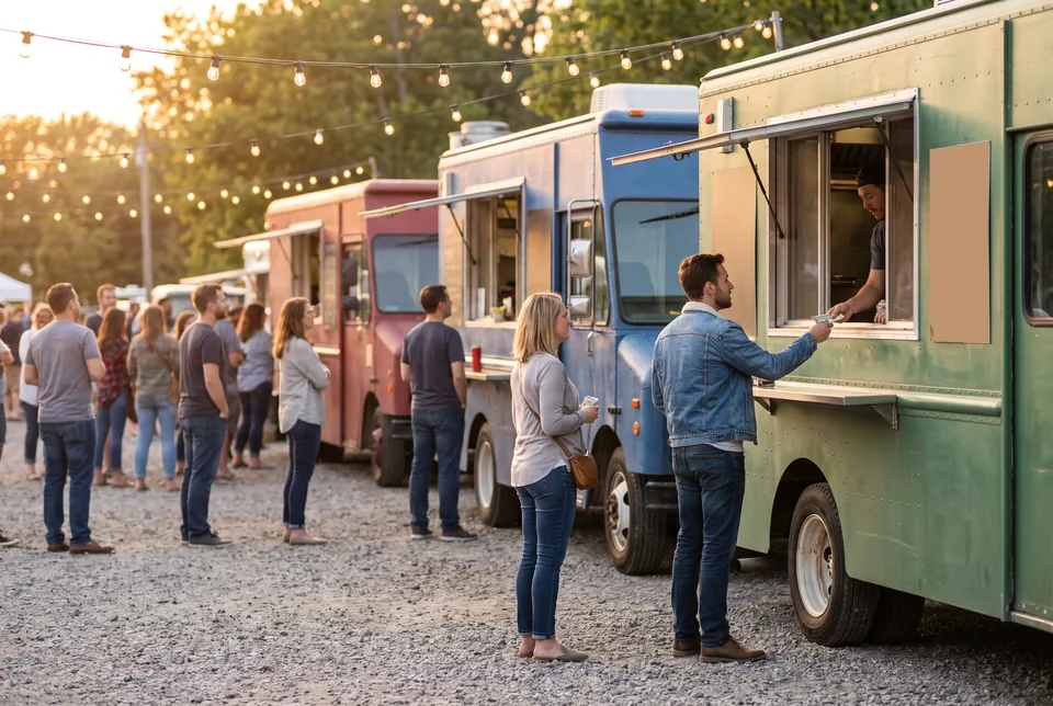 Three food trucks serving a queue of customers at an evening street food festival