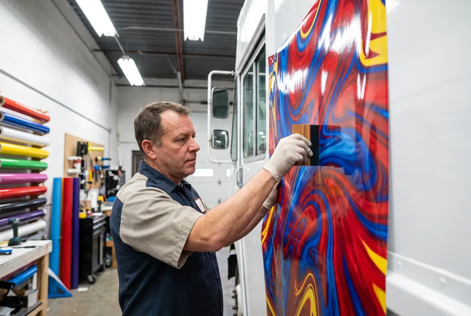 An installer applying a vinyl wrap panel to the side of a food truck in a wrap shop