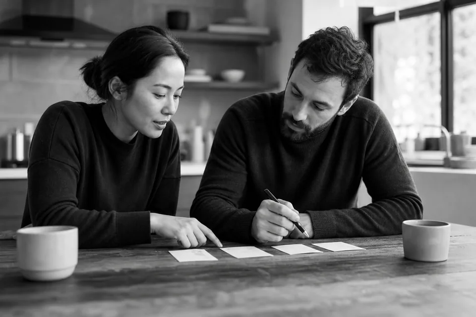 Two founders at a table comparing name ideas written on paper cards