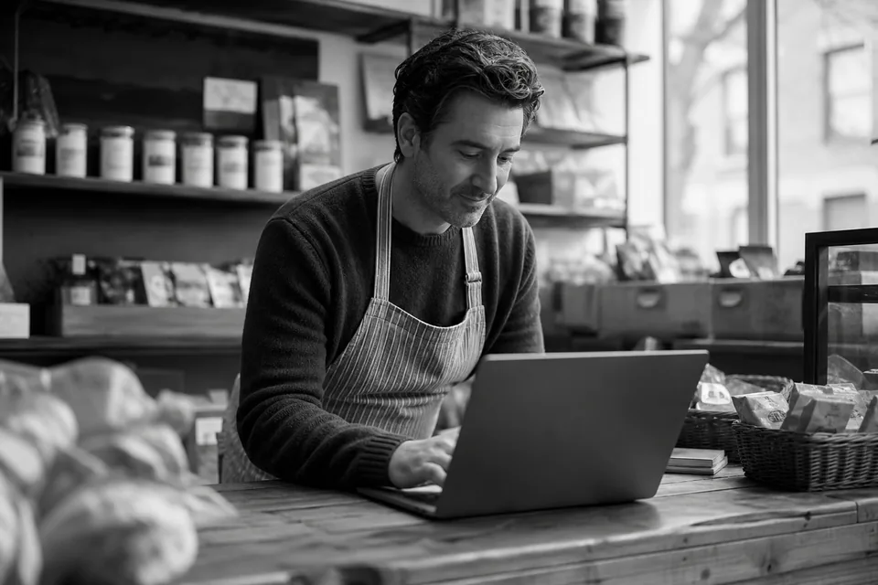 Small shop owner working on a laptop at the counter