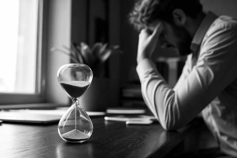 Hourglass with sand running on a dark desk